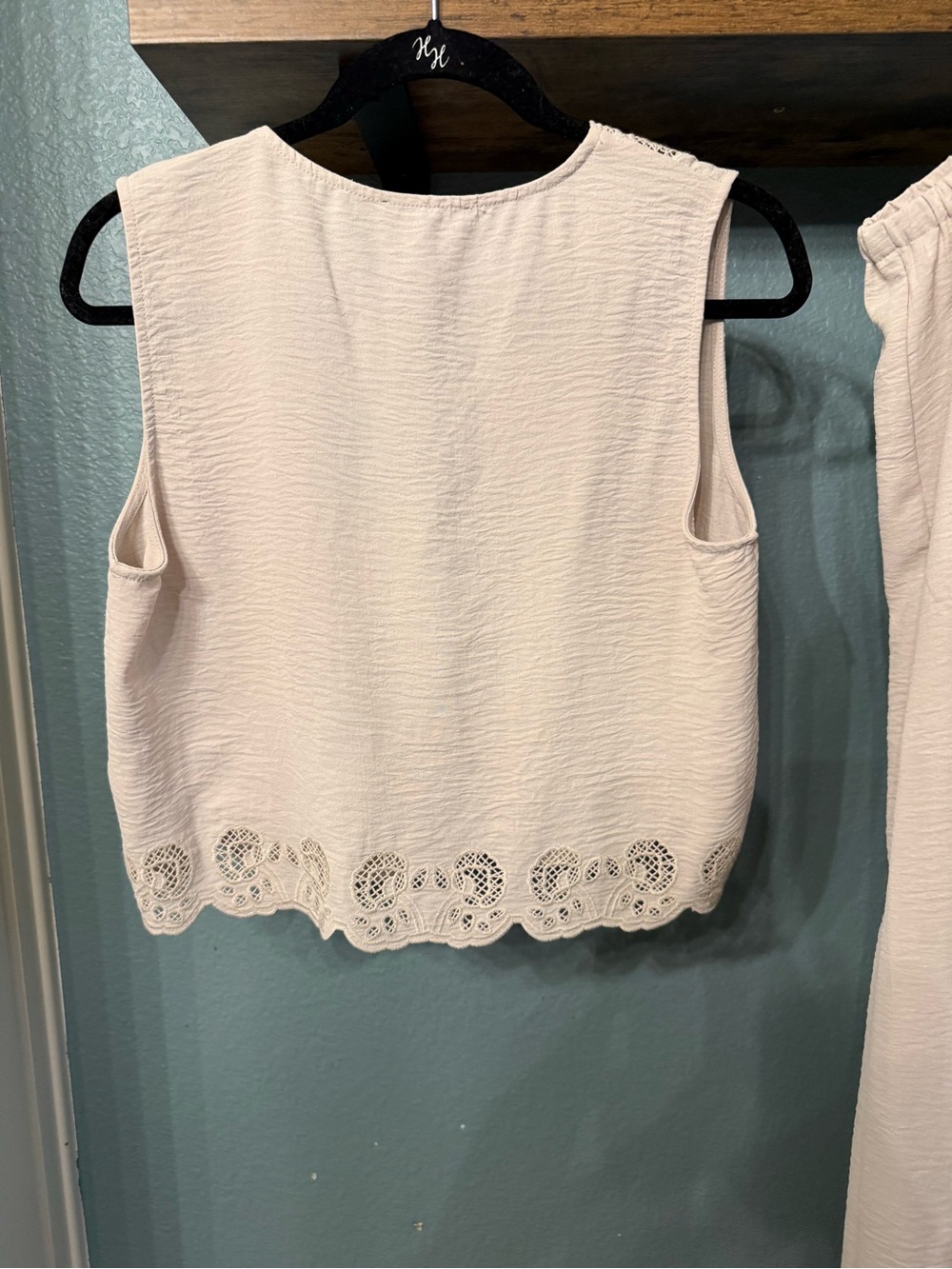 NWT Adrianna Papell 2PC Ivory Lace Trim Tie Front Wide Leg Pants Set M Boho - Picture 9 of 13